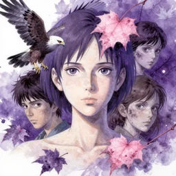 portrait, nightmare anomalies, leaves with a hawk by miyazaki, violet and pink and white palette, illustration, kenneth blom, mental alchemy, james jean, pablo amaringo, naudline pierre, contemporary art, hyper detailed