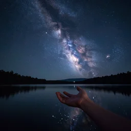 a hand reaching down into a lake that is reflecting the cosmos with countless stars, superior quality, highly detailed, real camera, real photo, 8 k