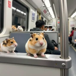 photo of a metro train interior, a tiny hamster is sitting on a seat, various poses, unedited, soft light, sharp focus, 8 k