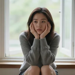 a woman sitting on a window sill looking forward out the window, hands on cheeks, grey sweater, a stock photo by chen jiru, tumblr, aestheticism, movie still, pretty, pixiv
