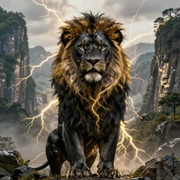black lion's god looking at you, black fur merged with gold lightnings surrounded by epic ancient huge forest and mountains, colossal scale, cinematic shot, vibrant colors, photorealism, epic, octane render by Evgeniy Antonenkov and James Jean