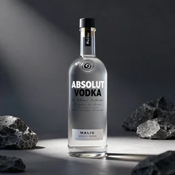 3d render of a new Absolute Vodka or Maliu on Designed glass bottle using the unreal engine with professional lighting photo product development Malibu logo sticker