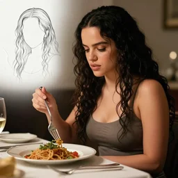 rosalia eating dinner, character sheet, character design, contrast, deep focus, turnaround, highly detailed, dramatic lighting, digital painting, artstation, concept art, matte, sharp focus, illustration, elegant, art by artgerm and greg f and alphonse mucha.