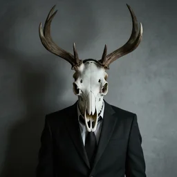 man in a suit wearing a deer skull, creepy, dark, disturbing, ominous