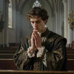 portrait of man praying in church, young, male, short curly hair, gothic, romantic era garb, intricate, brooding, ethereal, semi - realistic, highly detailed, cinematic lighting, digital painting, greg rutkowski, alphonse mucha, zhang han, bayard wu, valentina remenar, 8 k