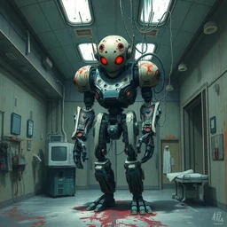 high intricate splatter paint of biomechanical robot inside abandoned medical facility, neil gaiman, maria panfilova, andrea savchenko, mike kime, ludovic plouffe, qi shengluo, oliver cook, julian calle, eddie mendoza, trending on artstation
