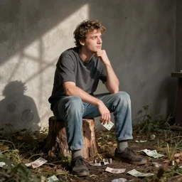 pasha udalov sits on stump thinking about money credit