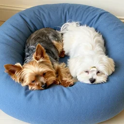 yorkshire terrier and white maltese dogs sleeping on a blue bed