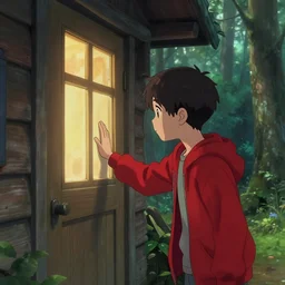 boy in red knocked at the door of a cabin in a forest, detailed, strong lighting, by aenami and alena, trending on artstation