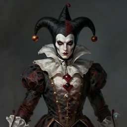 front shot of a court jester character ominous elegant detailed concept artstation sharp focus ray tracing cinematic masterpiece fine portrait, by artgerm and greg rutkowski