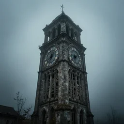 atmospheric runic photograph of sprawling intricate old clock tower abandoned spooky misty ominous