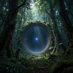 intergalactic stargate portal in the middle of a dense forest, with light shining through the trees and strange creatures lurking in the shadows by thomas kinkaid