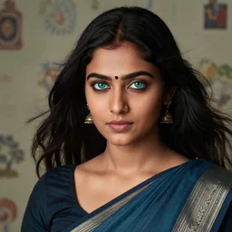 close - up view, studio photographic portrait of beautiful indian girl in sari, crystal teal eyes, haunting, dynamic lighting, random outdoor wallpaper background