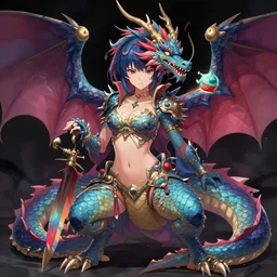 a beautiful anthropomorphic female dragon in a dark environment, accurate details, vibrant colours, intricate, concept art, trending on pixiv