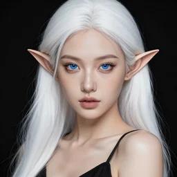 a beautiful portrait, black background, gorgeous sexy fantasy elf. sexy black top, professionally retouched, soft lighting, freckles, realistic, smooth face, detailed gorgeous blue eyes, long white hair, cute ears, wide angle, sharp focus on the eyes, 8 k high definition, insanely detailed, intricate, elegant, sexy, beautiful, art by artgerm and wlop