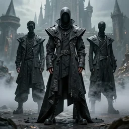 avant garde techwear look and clothes, we can see them from feet to head, highly detailed and intricate, hypermaximalist, dystopian castle background, eerie fog, luxury, Rick Owens, Errolson Hugh, Yohji Yamamoto, Chrome Hearts, cinematic outfit photo