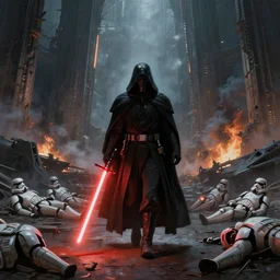 a painting of a cinematic keyframe of a star wars dark sith with his red lightsaber walks into the remains of a citadel, dead storm troopers laying in the ground, remains of starships with fire and smoke by greg rutkowski, rule of thirds, golden ratio, ambient lighting, wlop, artgerm, artstation, highly detailed masterpiece, dark fantasy art, high detail, trending
