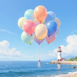 a lot of floating birthday balloons. beautiful sea with a lighthouse. digital art, highly - detailed, artstation cgsociety masterpiece