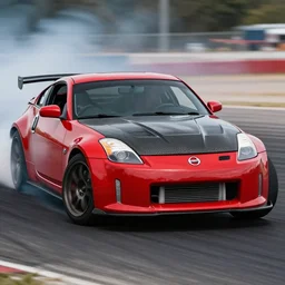 front action shot of a red drifting nissan 3 5 0 z with a carbon fibre hood, the car is drifting with the wheels turned, car photography, motion blur