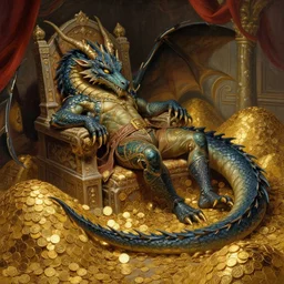 a dragon sleeping in a throne room surround by small hills of gold coins, jodhpurs greg manchess painting by sargent and leyendecker, studio ghibli fantasy close - up shot asymmetrical intricate elegant matte painting illustration hearthstone, by greg rutkowski by greg tocchini by james gilleard