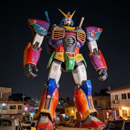 colourful giant mecha ROBOT of AJEGUNLE SLUMS in Lagos, markings on robot, neon lit slum, night time,