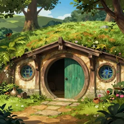 photo cartoon illustration comics manga painting of bag end in hobbiton, fantasy environement, digital painting, unreal engine, 8 k, volumetric lighting, contrast by john kirby by carl warner and jim woodring, trending on artstation