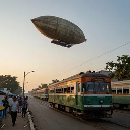 streets of kolkata, sunset, airship in the sky over tram, train on road, clear skies in the distance, hyperreal, artstation