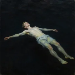 man floating in the blackness, oil painting, pale colors, high detail, 8 k, wide angle, trending on artstation,