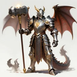 a concept art of a strong antropomorphic dragon paladin knight with his shiny armature and a big war hammer. orb light