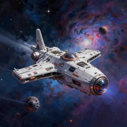 lone industrial!!! spaceship!!, deepspace exploration!!!, flying, ridley scott universe, floating!!! in a nebula, the final frontier, illustrative!!, apparent brush strokes, hyperdetailed, sketch, cinematic lighting, 4k, wide angle, beksinski,, trending on artstation, ((neon colors))
