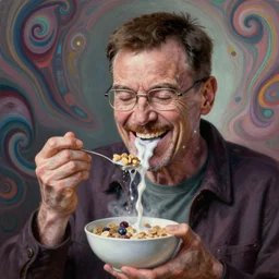 weird and disturbing psychedelic walter white eating a bowl of cereal, laughing and puking milk, diffuse lighting, fantasy, intricate, elegant, highly detailed, lifelike, photorealistic, oil painting, illustration, concept art, smooth, sharp focus, art by francis bacon