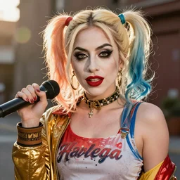 Lady Gaga is Harley Quinn, ultra detailed, golden hour