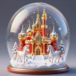 o golden and red rocococastle in a snowglobe with unicorns and snow, rainbow colored, sparkels, insanely detailed, 8 k, 3 d, masterpiece