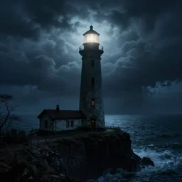 in the style of charlie bowater, dean cornwell, steve niles : : stunning, spooky haunted lighthouse on a cliff, lighting, clouds, storm, cthulhu rising from the ocean : : night time : : lovecraftian : : cinematic lighting : :