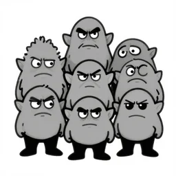 black and white simple ms paint doodle of group portrait of grey goblins looking funny looking smug