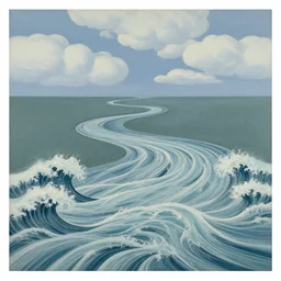 Landscape painting. Organic. Winding rushing water. Waves. Clouds. Wayne Thiebaud
