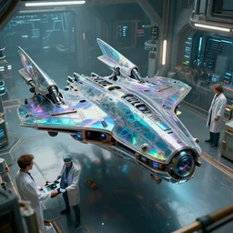 ( cyberpunk 2 0 7 7, bladerunner 2 0 4 9 ), iridesent colors, scientists creating an artificial alien highly detailed futuristic biomechanical thick smooth quad wing combat spaceship in their spaceship lab, glassy, sharp,, photographic, octane render, natural light, photorealistic, anti aliased, by brian sum and annie leibowitz,