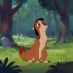 keyframe still from land before time 1 9 8 8, landscape forest, cemetery in far distance, cartoony gouache matte painting by disney