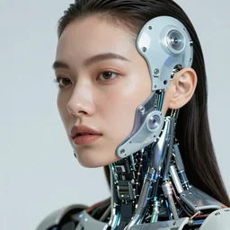 portrait of cybernetic female wearing epic bionic cyborg implants, wires, tubes, biomechanical details, super model, prismatic highlights, telephoto, depth of field, cinematic, macro, concept art, 5 0 mm, artstation, digital painting, elegant, focus, octane render, v - ray, 8 k, c 4 d, by karol bak