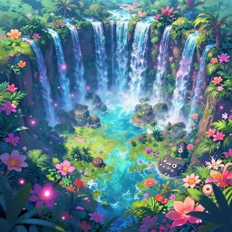 landscape of an anime style with tropical flowers and waterfalls neon colors, bird eye view, bove rule of thirds golden ratio, fake detail, trending pixiv fanbox the style of katamari damacy, scattered glowing pink fireflies, soft vaporwave liminal aesthetic. 3 d blender by tomer hanuka, greg rutkowski, beeple, sharp focus, digital painting, concept art