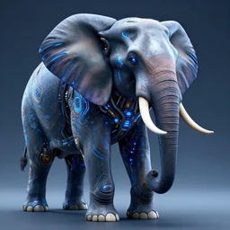 hyper realistic cybertronic elephant. high details of body and face. complex aetheral mechanical body. blue led. cyberpunk style, intricate, trending on art station, 8 k render.