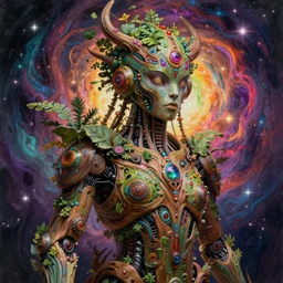 hyper - detailed fine painting of a synthetic humanoid psychedelic mystic cyborg hybrid half cybernetic and half made of plants and wood, concept art magical highlight, ful color cosmic diferent tribal horror and technologic art