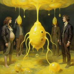 human amoeba by norman rockwell and gil elvgren and magali villeneuve and gerald brom and greg rutkowski, chiaroscuro!!, solarpunk!, opaque yellow liquid, floating, tendrils, ooze, hyperrealism, surrealism