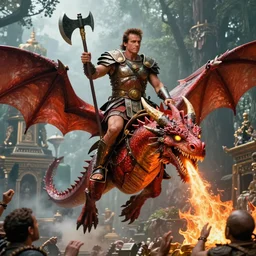 long shot film still of a very handsome arnold schwarzenegger the destroyer, asymmetric, high details and on photo realistic face, wearing ancient barbarian armor, riding a flying red dragon with glowing yellow eyes, breathing and blowing fire down on his enemies, centered, rule of thirds photo, hyper realistic, forest temple in the background, sharp focus, digital painting, golden axe box art illustration masterpiece trending on art
