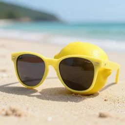 a lemon wearing sunglasses on a beach, photorealistic