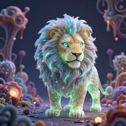 bioluminescent cute furry lion on a dreamy biome of oddities, enchanted, magical, fantasy, hyper realism, intricate, digital art, detailed, studio shot, unreal engine 5, octane, high definition, smooth, artstation, behance