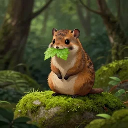 a small animal with a leafy muzzle sits on a mossy stone, shady forest, cartoony but elaborate and detailed style, high quality