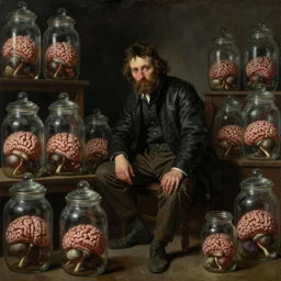 painting of a migo in a dark room full of jars with brains in them, painted by thomas cole