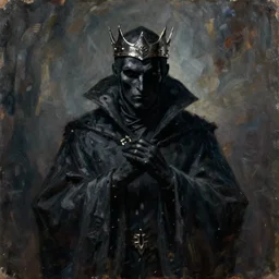 a portrait of an evil wizard, wearing a long dark shadowy cloak, dark shadows obscuring face, silver metal crown on head, oil painting, high detail