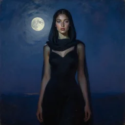lush celestial twilight priestess, bringer of starlight, detailed ethnic face, clear eyes, statuesque, gazelle - like, femme fatale, radiant skin, dark gown and scarf, svelte fashion design, bathed in moonlight, chiaroscuro, impressionism, silhouette, subtle highlights, oil on canvas
